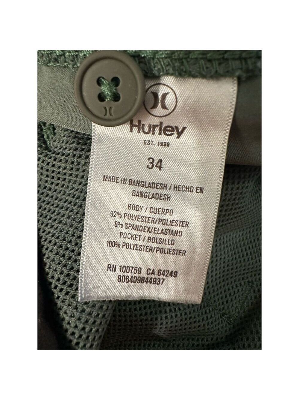 Hurley Men's Chino Shorts Size 34 Olive Green Casual Flat Front - Picture 6 of 7